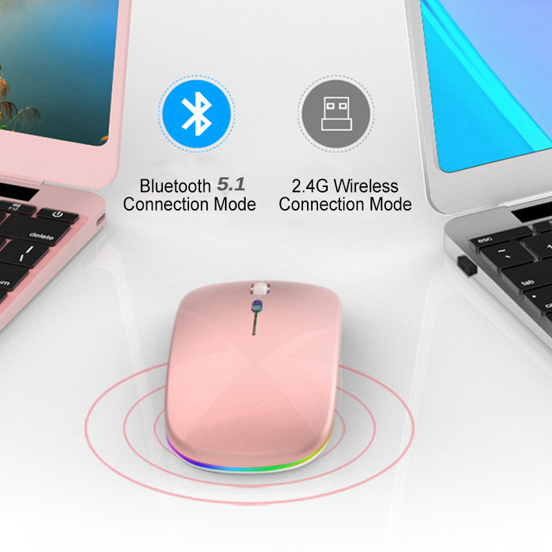 Uzlādējama Bluetooth 5.1 bezvadu pele ar 2,4 GHz USB RGB 1600DPI peli MacBook planšetdatoram klēpjdatora datora pelēm