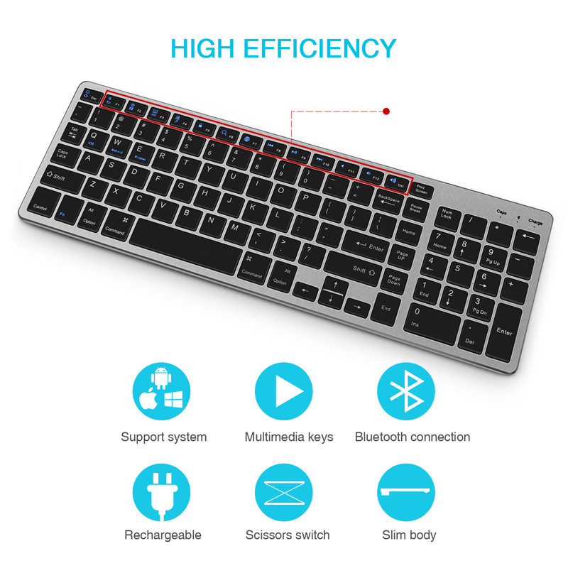 Bluetooth tastatūra Uzlādējama pārnēsājama BT bezvadu tastatūra ar pilna izmēra ciparu tastatūras dizainu klēpjdatora galddatora planšetdatoram