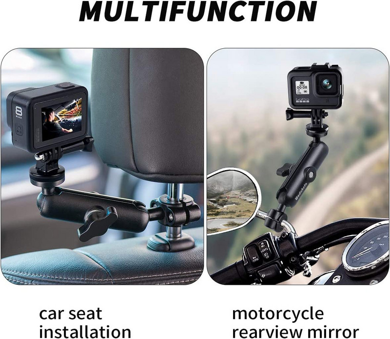9–35 mm motocikla turētāja stūres spoguļa statīvs automašīnas sēdekļa stiprinājuma kronšteins GoPro Hero 12 11 9 10 tālruņa darbības kameru piederumi