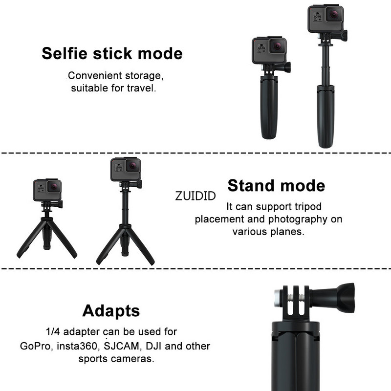 Izvelkama rokas pašbildes nūja mini statīvs Portatīvais monopods Go Pro Hero 12 11 10 9 8 SJCAM DJI insta360 Action 3 2 kamera