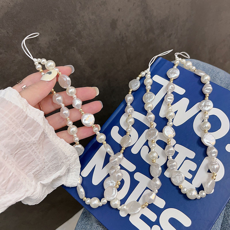 Korejiešu 3D jauka baroka balto pērļu krelles ar pērlītēm tālruņa ķēde iPhone 15 kamerai, pakarināma virve Pretnozaudēta štrope iekarināma rotaslieta