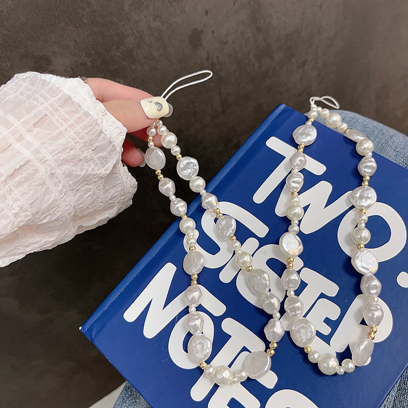 Korejiešu 3D jauka baroka balto pērļu krelles ar pērlītēm tālruņa ķēde iPhone 15 kamerai, pakarināma virve Pretnozaudēta štrope iekarināma rotaslieta