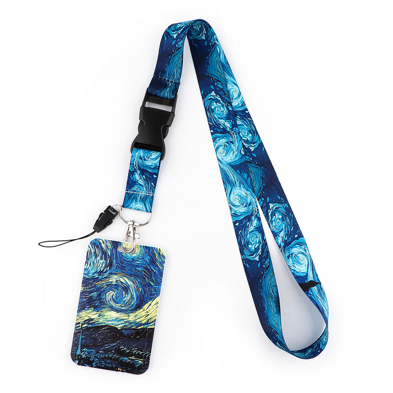 LX888 Art Printed Zvaigžņota nakts štrope ID kartes nozīmītes turētājs Tālruņa kakla siksniņa Virve Atslēgu piekariņš USB pakarināmais vads Lariat mākslas mīļotāju dāvana