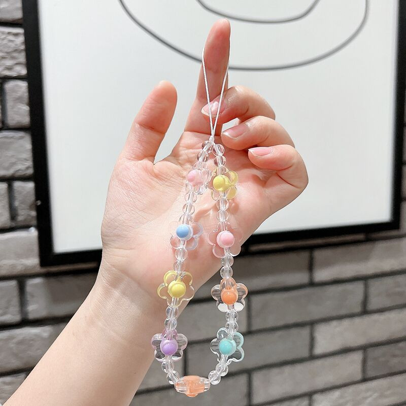 Mobilā tālruņa aukla, īsa, ar rokām veidota apaļa lodīšu kulons ar ziedu kulonu, sieviešu plaukstas siksna pret nozaudēšanu