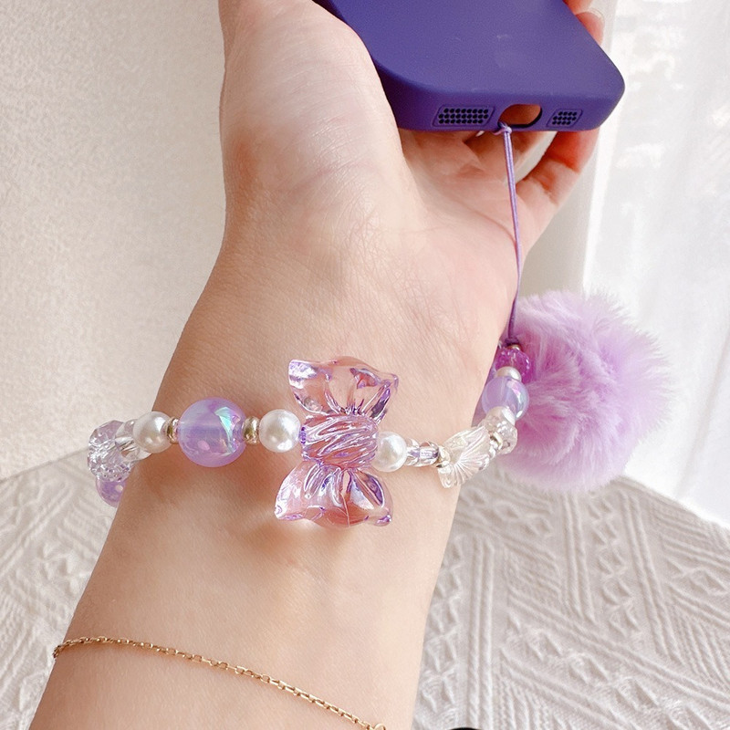 Matu bumbas ar pērlītēm telefona siksniņas Kawaii piekarināmā aukla krelles ķēde Mobilā tālruņa kulonu plaukstas siksniņa, mobilā tālruņa ķēde, meitenes, sievietes