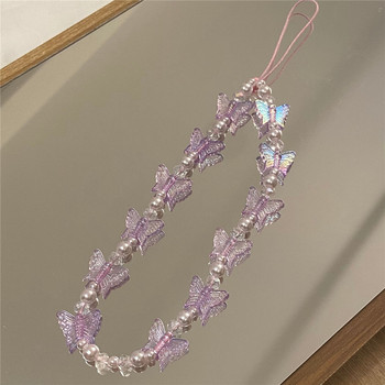 Candy Colors Crystal Clear Chain Πεταλούδα με χάντρες Κινητά Τηλέφωνα Θήκες με λουρί Κορδόνι για αξεσουάρ τηλεφώνου Αντι-χαμένη αλυσίδα