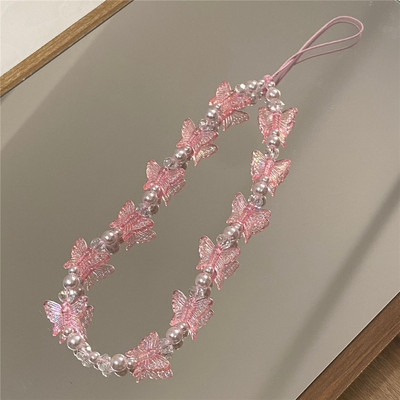 Candy Colors Kristāldzidra ķēde ar tauriņu pērlītēm Mobilie telefoni Siksnu turētāji Štrope Tālruņa piederumiem Pretnovedoša ķēde