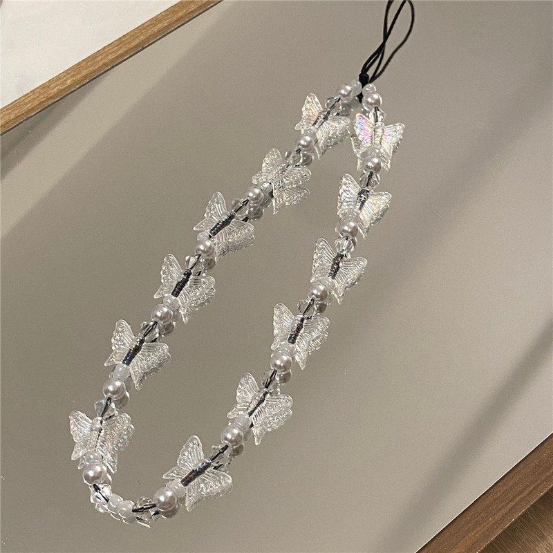 Candy Colors Kristāldzidra ķēde ar tauriņu pērlītēm Mobilie telefoni Siksnu turētāji Štrope Tālruņa piederumiem Pretnovedoša ķēde