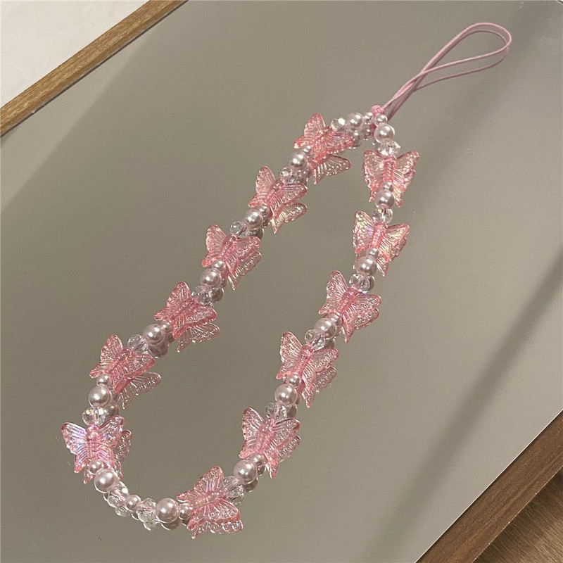 Candy Colors Kristāldzidra ķēde ar tauriņu pērlītēm Mobilie telefoni Siksnu turētāji Štrope Tālruņa piederumiem Pretnovedoša ķēde