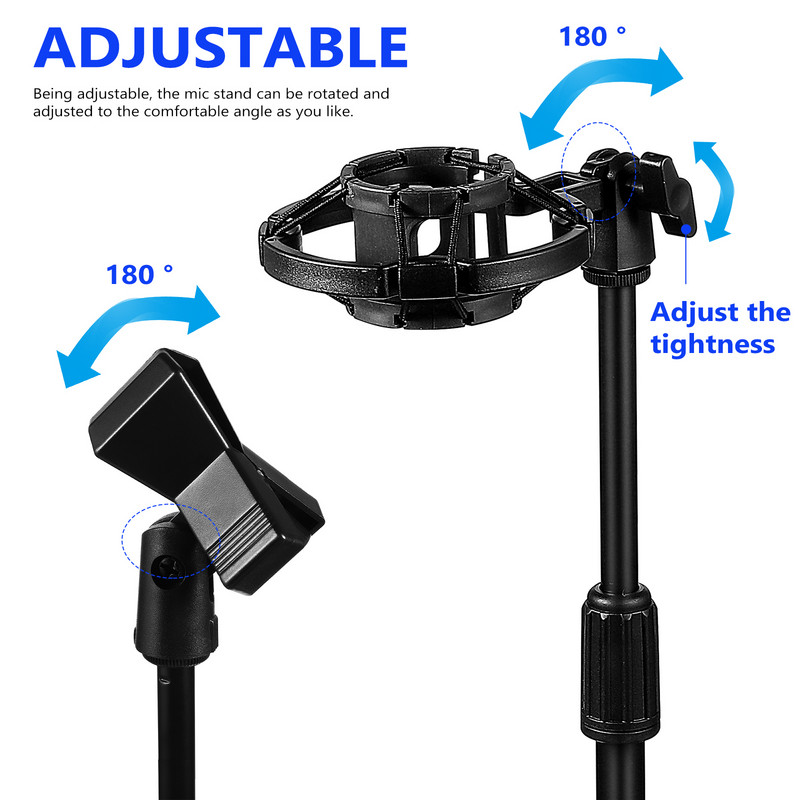 Galda mikrofona statīvs ar regulējamu pamatni galda mikrofona statīvs ar trieciena stiprinājuma turētāju Mini pārnēsājams galda statīvs, melns mikrofona klips