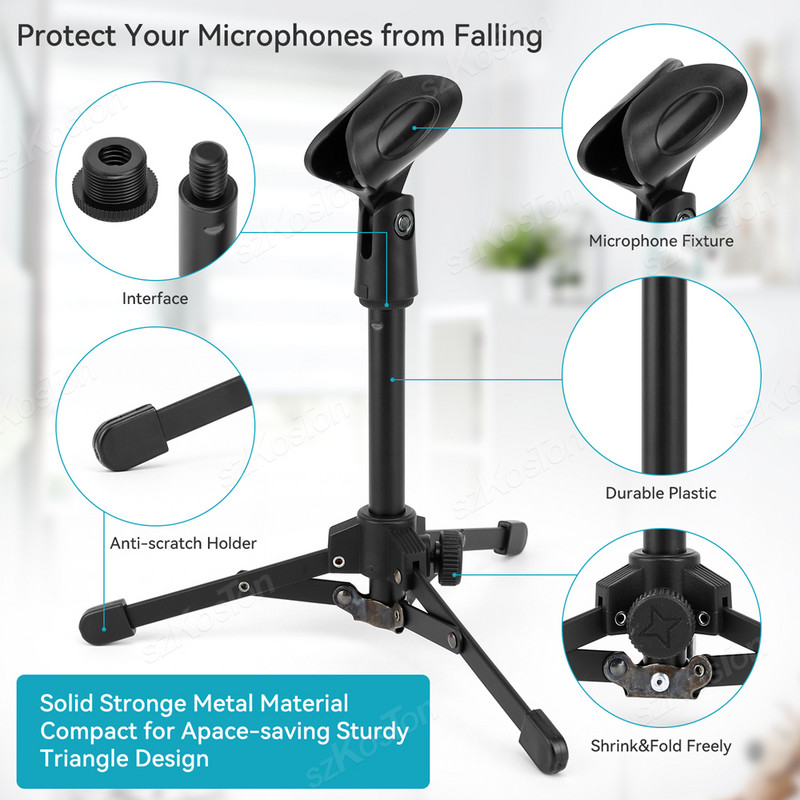 Mini galddatora mikrofona statīvs ar mikrofona saspraudes turētāju, regulējamu mikrofona kronšteinu Pārnēsājams salokāms metāla statīvs ierakstīšanai
