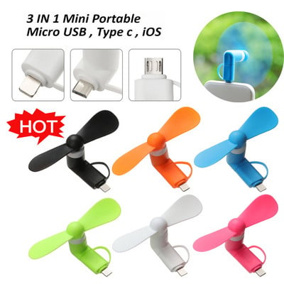 3-in-1 C tipa mikro USB mini ventilatora radiators Android ierīcēm Samsung Huawei HTC IPad IPhone portatīvais mobilais tālrunis mazs ceļojumu ventilators