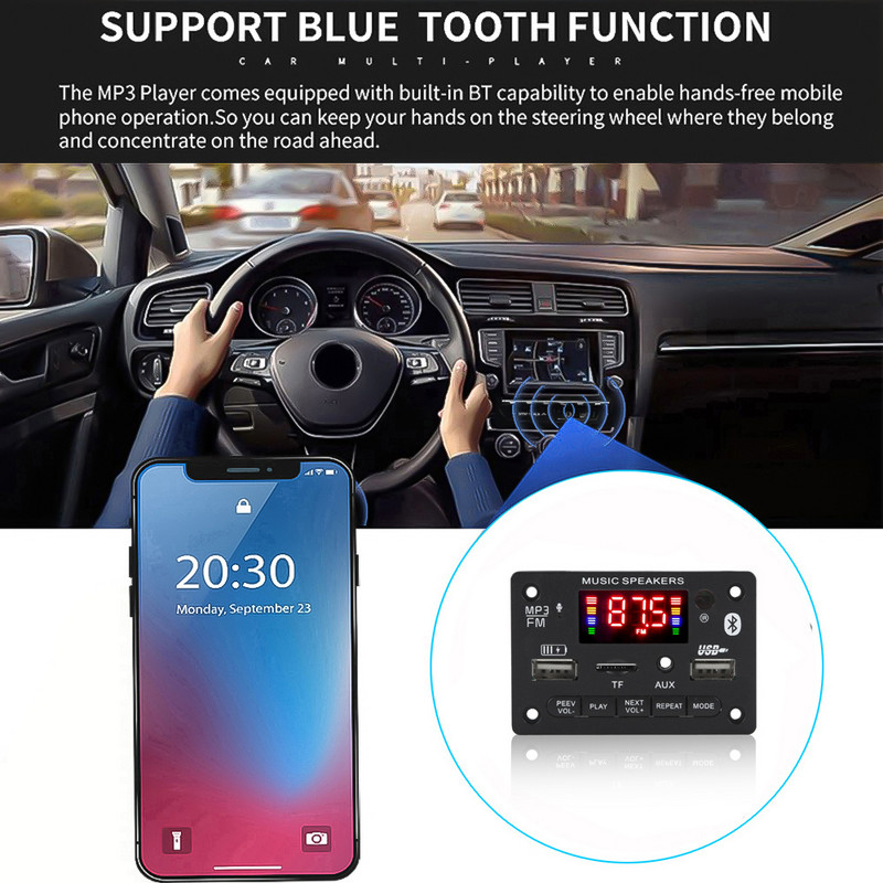 5V 12V MP3 dekodavimo plokštės modulis Bluetooth 5.0 belaidis automobilinis USB MP3 grotuvas TF kortelės lizdas USB FM su mikrofonu laisvų rankų įranga