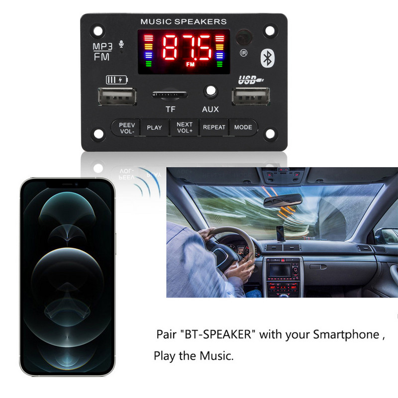 5V 12V MP3 dekodavimo plokštės modulis Bluetooth 5.0 belaidis automobilinis USB MP3 grotuvas TF kortelės lizdas USB FM su mikrofonu laisvų rankų įranga