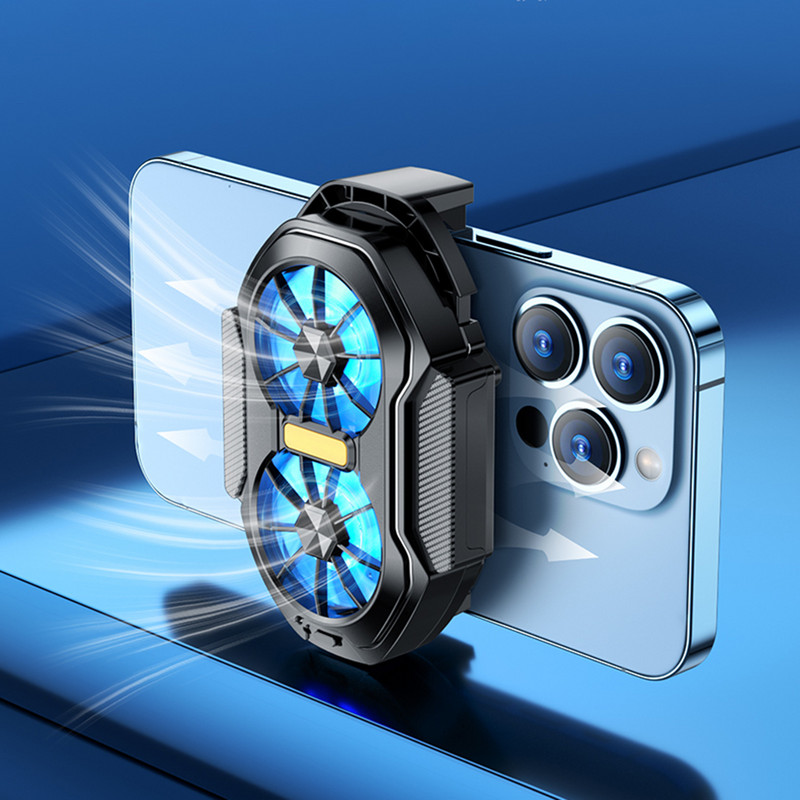 Divu ventilatoru mobilā tālruņa dzesētājs, spraudnis/uzlādējams pārnēsājams C tipa spēļu dzesētājs ar zilu gaismu Android viedtālruņiem iPhone