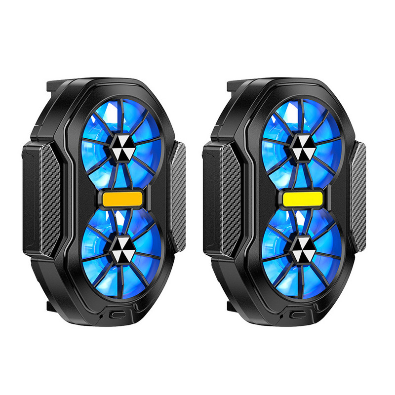 Divu ventilatoru mobilā tālruņa dzesētājs, spraudnis/uzlādējams mobilā tālruņa C tipa radiators ar zilu gaismu Android IOS PUBG spēļu dzesētājam