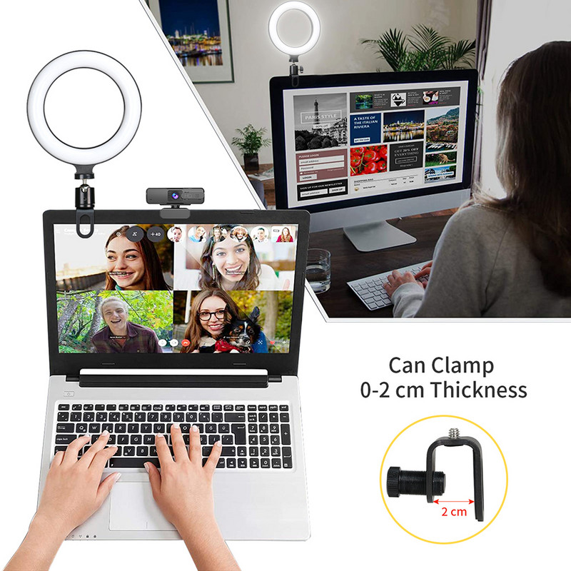 Lumină inelă de 16 cm Iluminare lampă LED cu clipă pe computer laptop pentru videoconferință Zoom webcam Chat Streaming live Youtube
