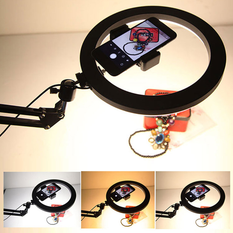 Darbvirsmas zvana gaisma ar statīvu mobilā tālruņa video uzņemšanai, dziesmas apgaismojums produktu fotografēšanai Straumēta fotoattēlu zvana gaisma