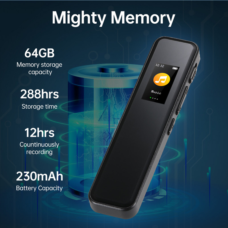 Recorder digital 64G Redare înregistrări activată Player muzical MP3 Mic Difuzor 1536KBPS Înregistrare HD Ecran TFT cu căști