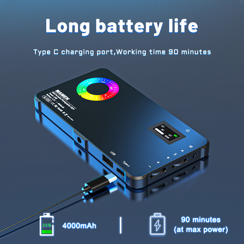 MAMEN 70° koncentrēta gaisma 2500-9000K kameras gaisma RGB video gaisma Iebūvēts 4000mAh akumulators fotografēšanai tiešraides vlog