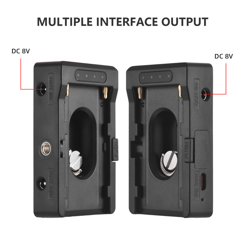 Зарядно устройство за батерии NP-F Метална плоча за адаптер за батерии DC12V DC8V USB-C 30W PD Изход 1/4In за NP-F550 F750 F970 Батерия за BMPCC