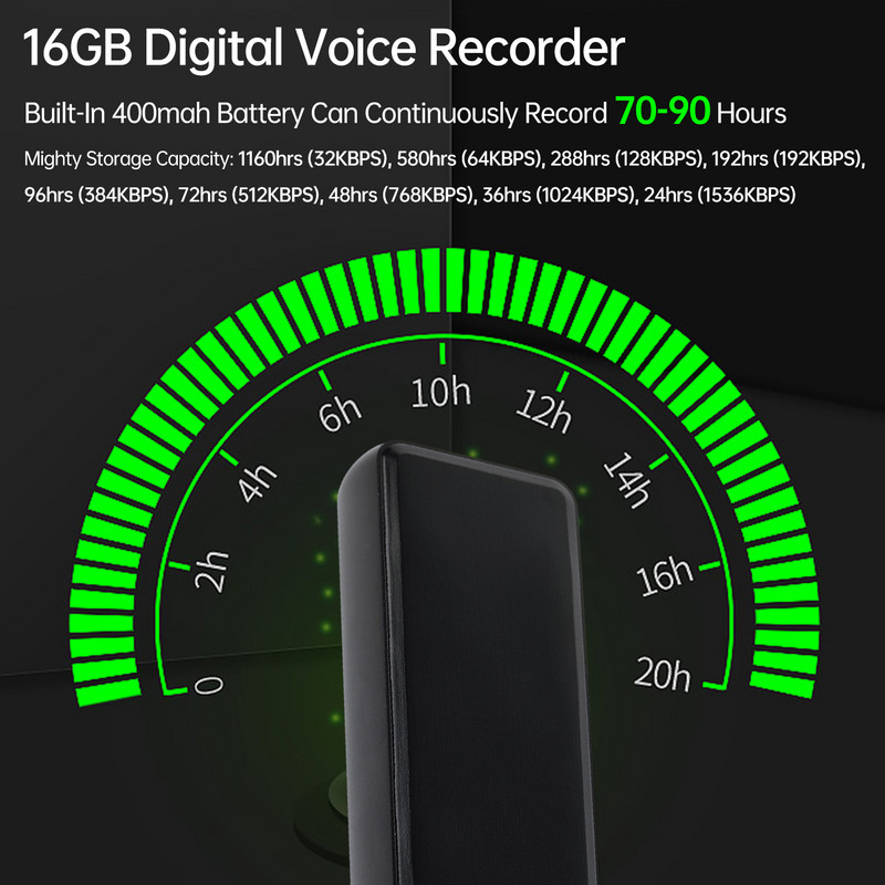 16GB цифров диктофон, гласово активиран аудио запис, MP3 музикален плейър, 70-90 часа непрекъснато време за запис за клас