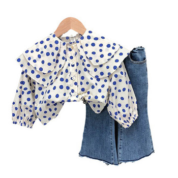 Άνοιξη και φθινόπωρο Νέα σετ ρούχων για κορίτσια Χαριτωμένα πουά μπλουζάκι με μεγάλο λαιμό πόλο μακρυμάνικο μπλουζάκι + τζιν μοδάτα παιδικά ρούχα