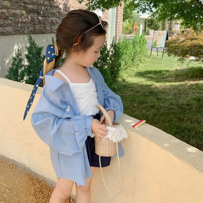 Риза за момичета и устойчиво на слънце облекло Лято 2023 Нов корейски стил Западен стил Детско тънко палто Тънка риза с дълъг ръкав