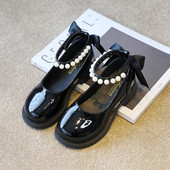 Обувки за принцеса с мъниста за момичета Големи момичета с ниски токчета Лачени обувки Детска каишка за глезена Пайети Рокля Лолита Парти обувки 6-12 г.