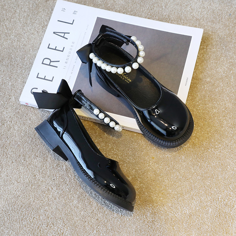 Обувки за принцеса с мъниста за момичета Големи момичета с ниски токчета Лачени обувки Детска каишка за глезена Пайети Рокля Лолита Парти обувки 6-12 г.