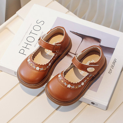 Плитки сладки детски кожени обувки Mary Janes с бродерия на цветя за малко момиченце Три цвята Удобни детски обувки с примка на кука 21-30