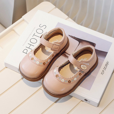 Плитки сладки детски кожени обувки Mary Janes с бродерия на цветя за малко момиченце Три цвята Удобни детски обувки с примка на кука 21-30