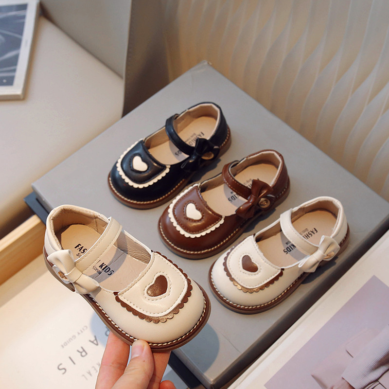 Кожени обувки за момичета в британски стил, съвпадащи по цвят, дантелени, детски ежедневни обувки, лъка 2023, прости нехлъзгащи се детски обувки, доставка на дроп