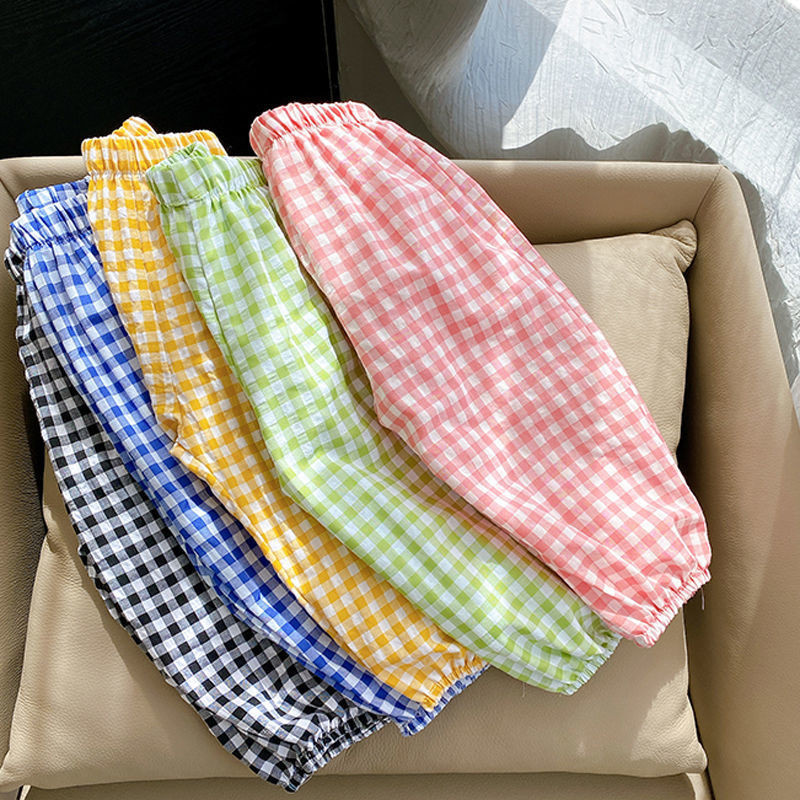 Летни тънки детски панталони против комари Бебешки панталони за момичета Едноцветни карирани плажни дишащи детски долнища за малко дете