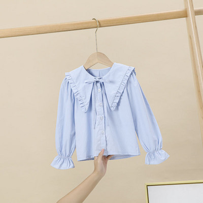 Детски сини блузи с дълъг ръкав Памук Пролет 2022 Деца Момичета Ризи с волани Модни бели връхни дрехи Спортни дрехи Дете