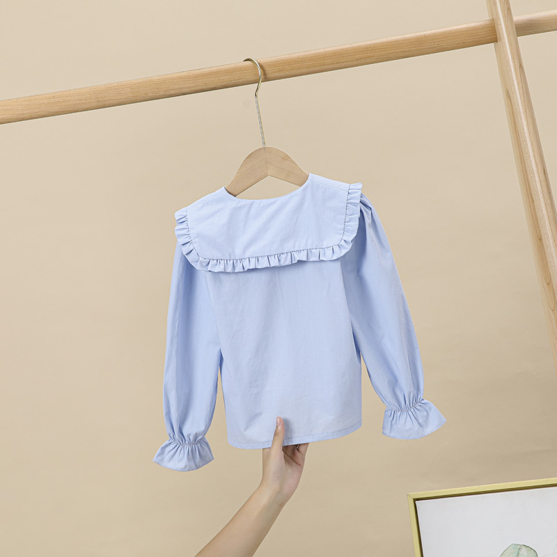 Детски сини блузи с дълъг ръкав Памук Пролет 2022 Деца Момичета Ризи с волани Модни бели връхни дрехи Спортни дрехи Дете