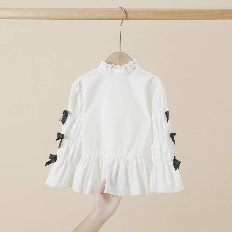 Детски сини блузи с дълъг ръкав Памук Пролет 2022 Деца Момичета Ризи с волани Модни бели връхни дрехи Спортни дрехи Дете
