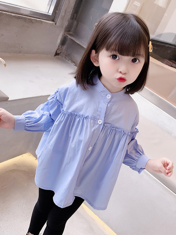 Момичета 1-7 години 100% памучна риза Пролет и есен Детска модна риза за кукли Синя детска свободна горна част Ежедневно свободно време на открито
