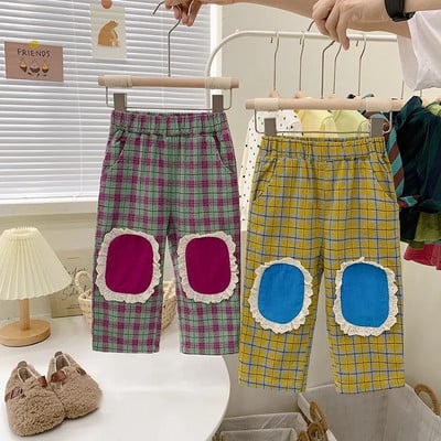 Plaidos kelnės Kūdikiui Retro Plaidas Elastinis juosmuo Laisva Medvilnė Patogi Miela Graži Pavasarinė Auutmn Vaikų Tiesios Kelnės Unisex