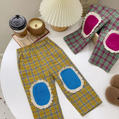 Карирани панталони Бебешки ретро карирани ластични панталони Свободни памучни удобни сладки, прекрасни пролетни есенни детски прави панталони унисекс