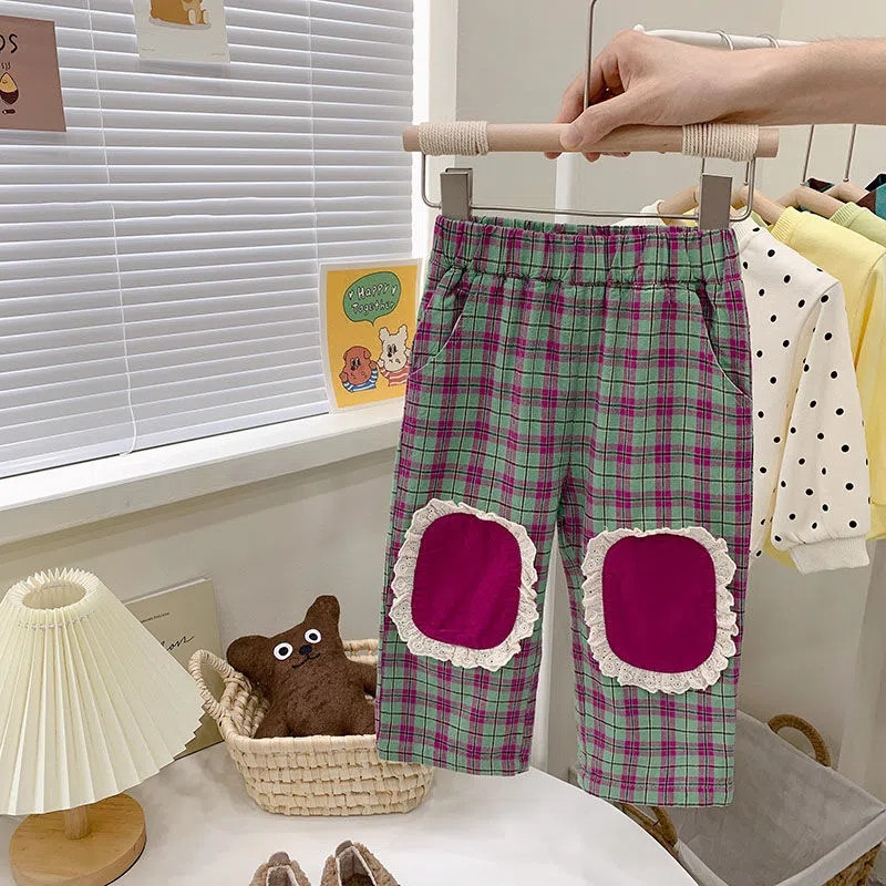 Карирани панталони Бебешки ретро карирани ластични панталони Свободни памучни удобни сладки, прекрасни пролетни есенни детски прави панталони унисекс