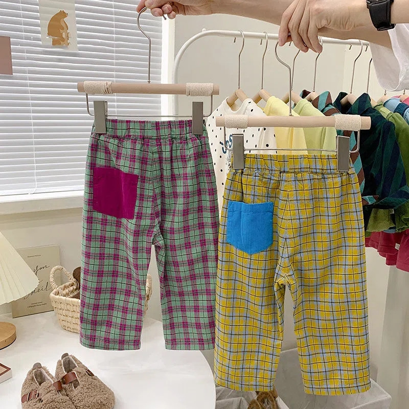 Карирани панталони Бебешки ретро карирани ластични панталони Свободни памучни удобни сладки, прекрасни пролетни есенни детски прави панталони унисекс