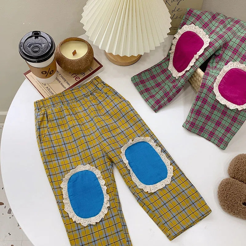 Карирани панталони Бебешки ретро карирани ластични панталони Свободни памучни удобни сладки, прекрасни пролетни есенни детски прави панталони унисекс