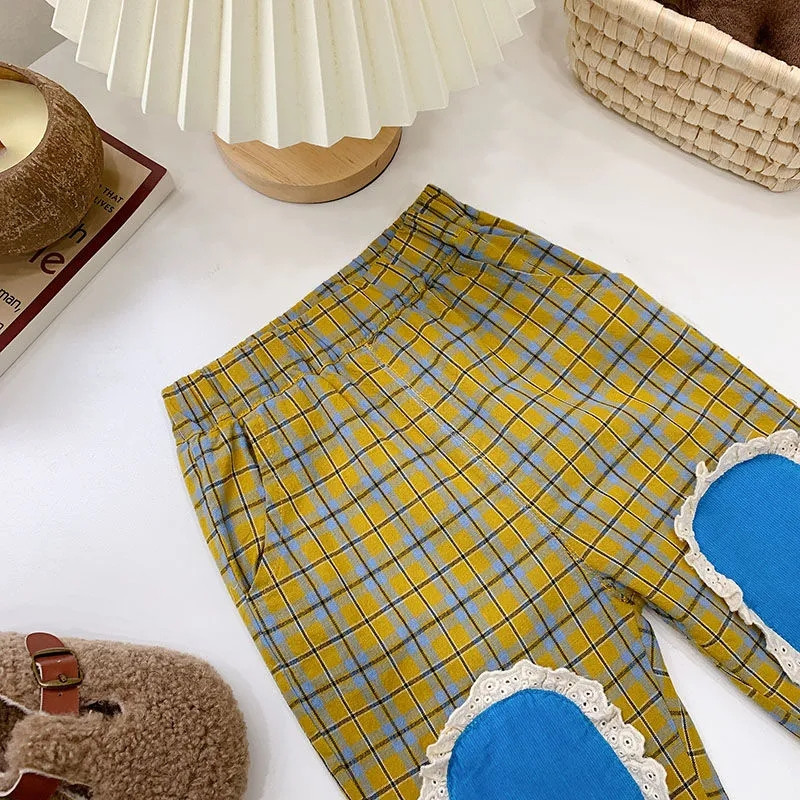 Карирани панталони Бебешки ретро карирани ластични панталони Свободни памучни удобни сладки, прекрасни пролетни есенни детски прави панталони унисекс