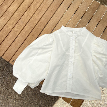 Βρεφικό κοριτσάκι μπλούζα με φουσκωτό μανίκι Βαμβακερό βρεφικό πουκάμισο πινεσσών φθινοπωρινό ανοιξιάτικο μπλουζάκι Λευκή μπλούζα Βρεφικά ρούχα γαλλικού στυλ 1-7 ετών