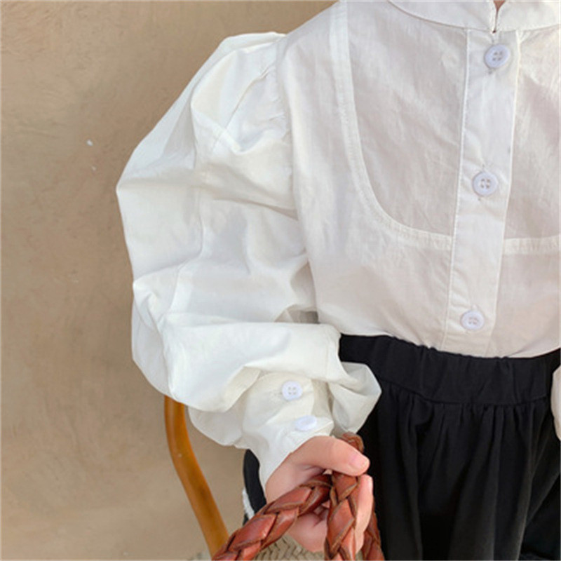 Блуза с буф ръкав за момиченце, памучна риза за бебета, малки деца, есенна, пролетна горнишка, бяла блуза, бебешки дрехи във френски стил 1-7 г.