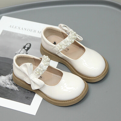 Детски кожени обувки за момичета Гланцови детски модни перли с панделка Ежедневни кукички и примки Принцеса Сватбени плитки мокасини 2023 г.