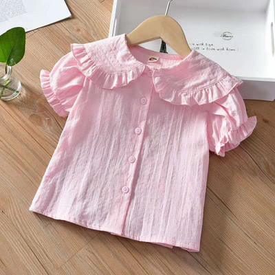 Лятна блуза за момиченце Прохождащи деца Риза за момичета с волани Ризи с къс ръкав Детски памучни тениски за бебета Розово бяло