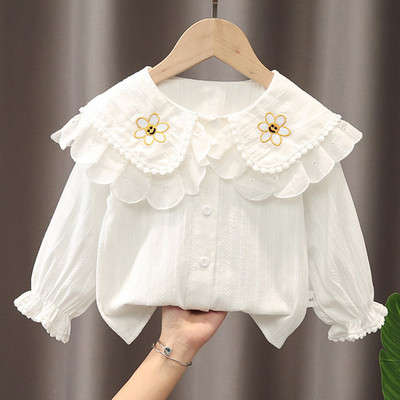 Ризи за момичета Памук Пролет Есен 2023 г. Нова бяла блуза с яка за кукли Детски дрехи за деца Блуза с дълъг ръкав за момичета Риза