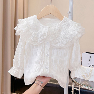 Ризи за момичета Памук Пролет Есен 2023 г. Нова бяла блуза с яка за кукли Детски дрехи за деца Блуза с дълъг ръкав за момичета Риза